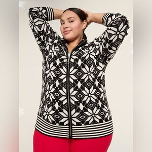 Lane Bryant Black & White Snowflake Fair Isle Jacquard Zip-Front Sweater Jacket